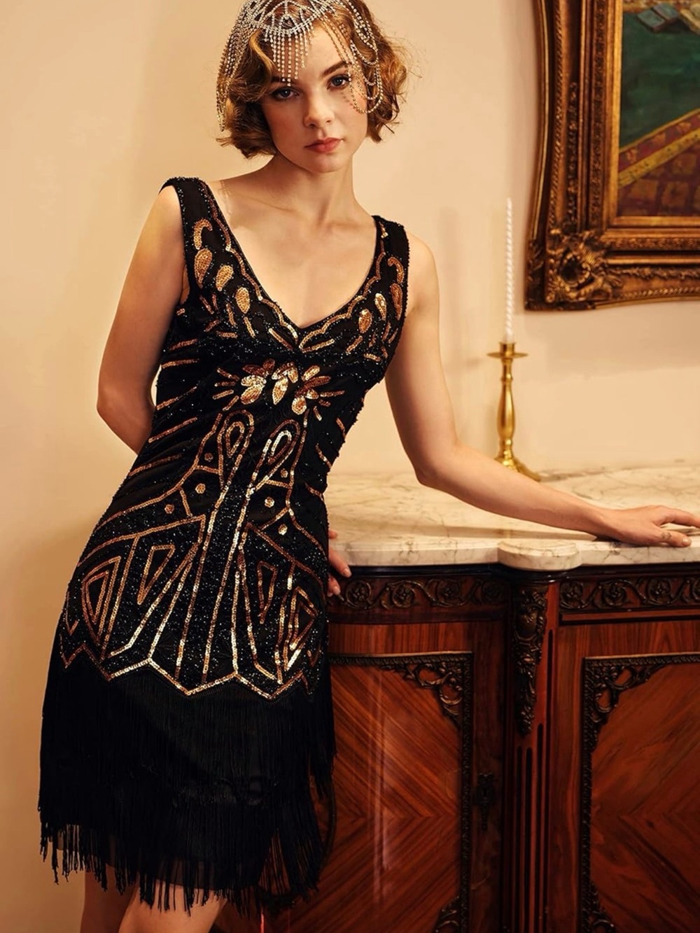 Black & Gold Art Deco Beaded Flapper Dress